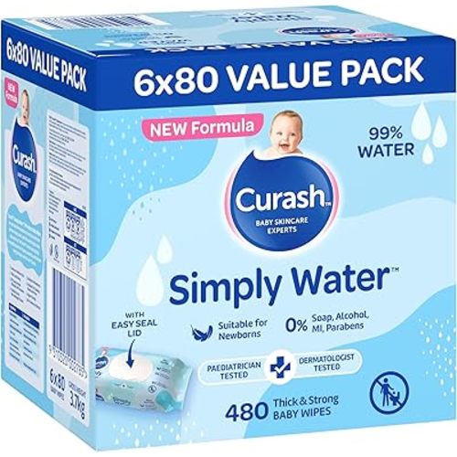 New Formula Curash Simply Water Baby Wipes, 6x80 Pack, Suitable for Newborns, 99% Purified Water, No Soap, Alcohol or Parabens, Thick & Soft Texture, Everyday Cleansing and Nappy Changes, 480 Wipes