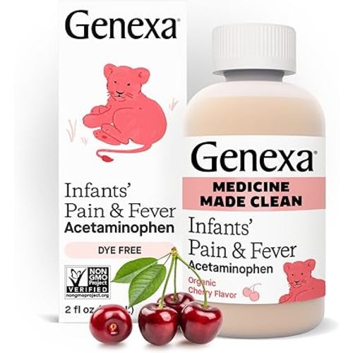 Genexa Infants’ Clean Pain & Fever Acetaminophen, Dye Free, 0% Artificial Additives, Delicious Organic Cherry Flavor, Liquid Oral Suspension Medicine for Baby, 160 mg per 5mL, 2 fl oz