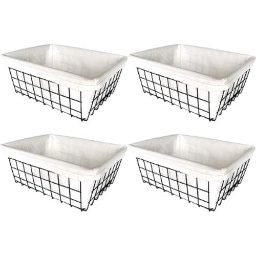 Wire Storage Baskets, 4 Pack Metal Household Organizer with 4 Pcs Fabric Liners, Refrigerator Bin with Handles, for Pantry, Shelf, Freezer, Kitchen Cabinet, Bathroom, Countertop, Closets (Black)