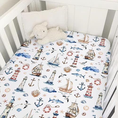 Watercolor Sailing Adventure Baby Crib Sheet 52''x28'' Nautical Life Lighthouse Boat Anchor Stretchy Fitted Crib Mattress Cover Boy Girl Beach Summer Baby Bed Sheet for Standard Crib Toddler Mattress