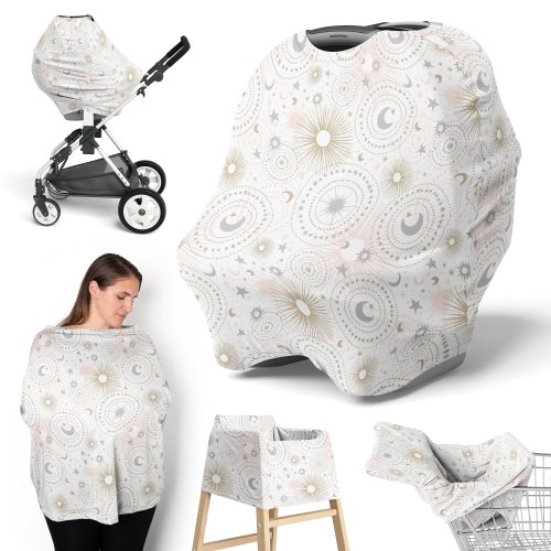 Star and Moon Collection Girl 5 in 1 Baby Car Seat and Nursing Cover - Blush Pink Gold and Grey Celestial Sky Stars Shabby Chic