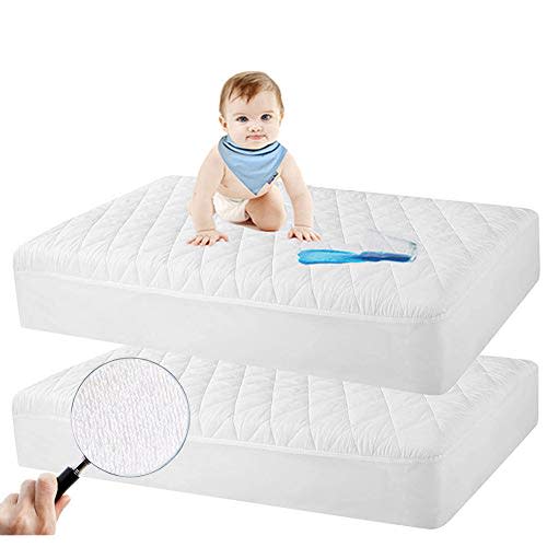 2 Pack Crib Mattress Protector, Waterproof Quilted Fitted Crib Mattress Pads, Soft Breathable Organic Bamboo, White