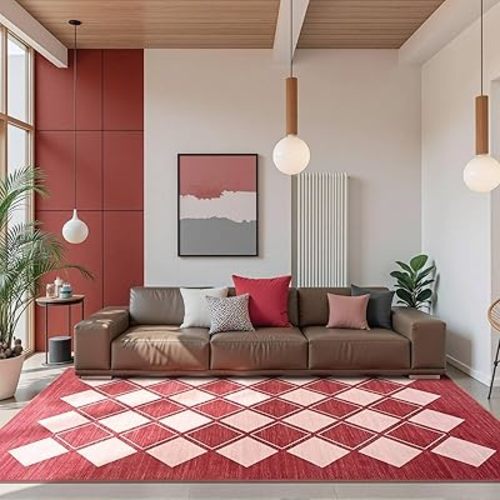 5x8 Washable Area Rug for Bedroom Living Room, Checkered Rug Non-Slip Fuzzy Fluffy, Indoor Modern Carpe for Home Aesthetic Decor(Red and Pink)