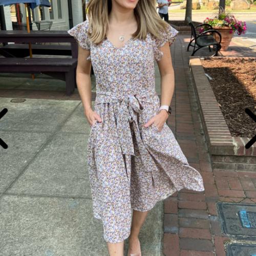 Belted Nursing Midi with Pockets- Beige Floral