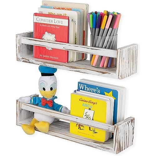 Wallniture Utah Wall Mount Kids Bookshelf Nursery Decor Floating Wall Shelf Photo Display Multiuse Toy Storage Organizer Burnt White Set of 2