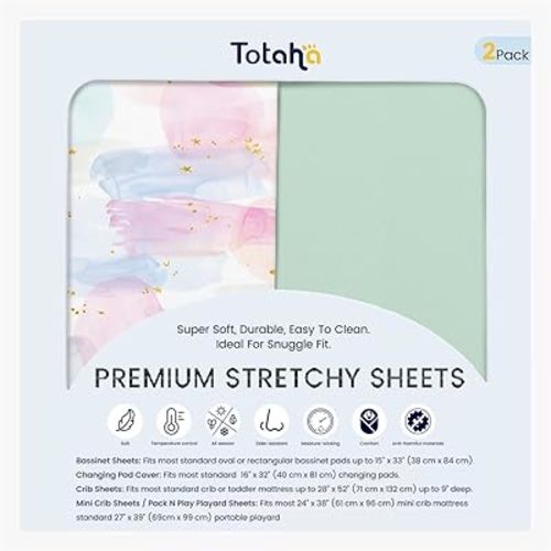 TotAha Premium Soft Bassinet Sheet for Boy Girl, Super Stretchy Jersey Knit Bassinet Fitted Sheet, Compatible with Halo, Maxi COSI, Mika Micky, SNOO, Baby Delight Mattress, 2 Pack