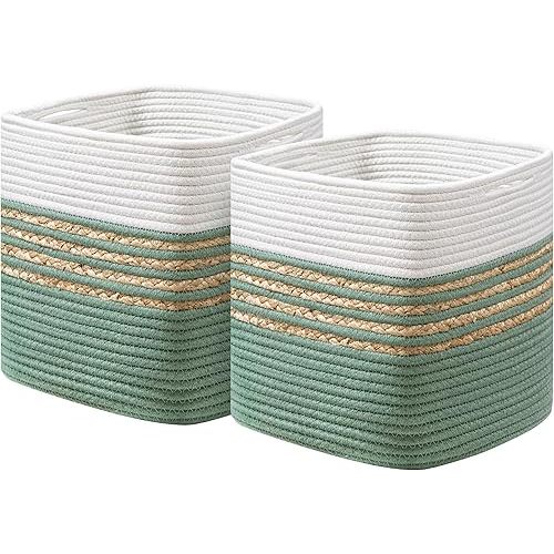 UBBCARE Set of 2 Storage Cubes 11 X 11 X 11 in, Water Hyacinth Storage Bins for Shelves, Toys, Book, Storage Baskets with Handles, Cotton Rope Woven Baskets for Organizing, Green