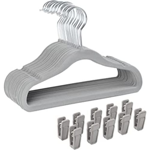 Finnhomy Non-Slip Clothes Hangers for Baby and Kids 30-Pack Velvet Hangers with 10 Finger Clips, Gray