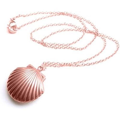 AHIER Mermaid Valentine Necklace, Beach Locket, Gold Tone Brass, Little Shell Locket, Nautical Jewelry (Rose Gold)