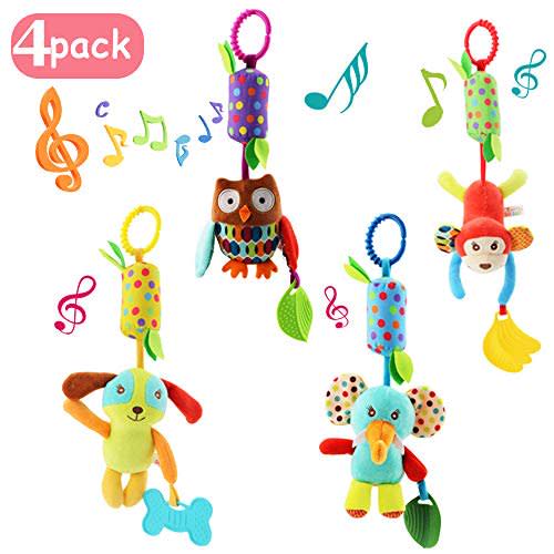 4 PCS Baby Soft Hanging Rattle Crinkle Squeaky Toy - Baby Toys for 0 3 6 9 to 1 Animal Ring Plush Stroller Infant Car Bed Cri