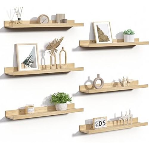 upsimples Floating Shelves for Wall, Wood Mounted Shelf Decor Storage Set of 6, for Bedroom, Living Room, Bathroom, Kitchen, 23.6 inch Long Picture Ledge, Natural