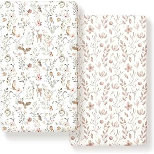 Stretch Ultra Soft Jersey Knit Fitted Crib Sheets Set 2 Pack,Fit All Standard Crib Mattress Pads Safe and Snug, Crib Fitted Sheet for Baby Girls, Beautiful Blush Pink Floral and Cute Animals Print