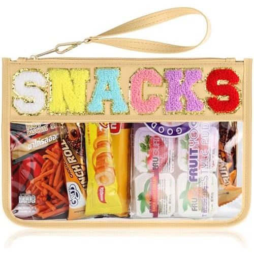 Snack Bag for Travel - Clear Chenille Varsity Letter Flat Pouch with Zipper, Waterproof Clear Nylon Preppy Patch Makeup Cosmetic tote Bags for Women Girls