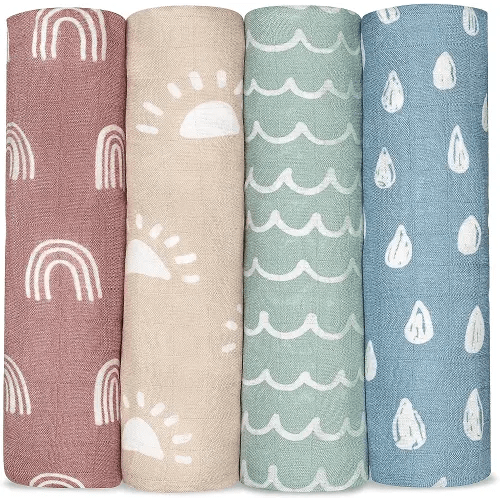 Comfy Cubs Muslin Swaddle Blankets Neutral Receiving Blanket Swaddling, Wrap for Boys and Girls, Baby Essentials, Registry & Gift (Sun, Rainbow, Rain, Doodle)