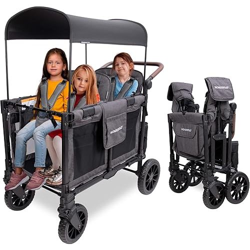WONDERFOLD W4 Luxe Pro Stroller Wagon (4 Seater) - Collapsible Wagon Stroller with Seats Featuring 5-Point Safety Harnesses and Adjustable Sun Canopy, Charcoal Gray