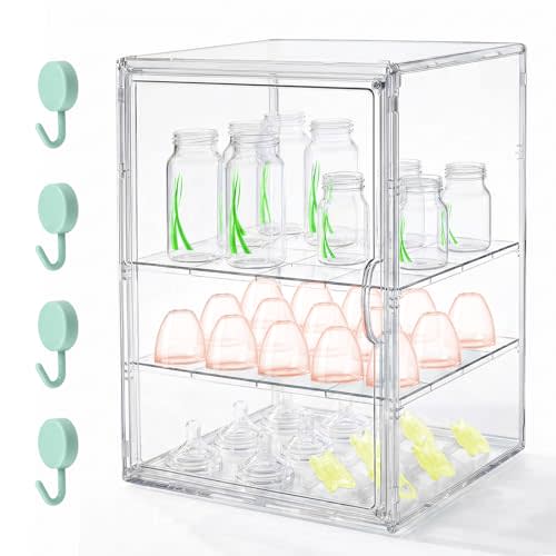 Baby Bottle Organizer, 3 Tier Bottle Storage Organizer Baby, Adjustable Clear Acrylic Bottles Storage Station with Magnetic Door and Hook for Pacifiers Pump Parts, Makeup & Bathroom Organizer