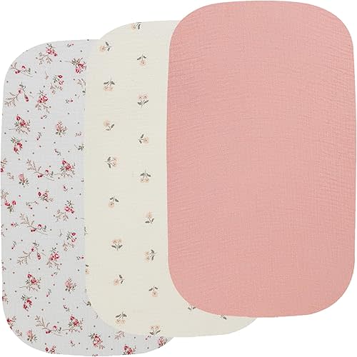 Muslin Bassinet Sheets 3 Pack, 100% Cotton Baby Fitted Sheet 33" x 19" Compatible with Mika Micky, KoolaBaby (3 in 1), BabyBond, HARPPA and RICUTON Bedside Bassinet, Solid Pink and Floral