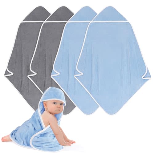 UNIMADE Hooded Towel for Newborn, 4 Pack Soft Coral Fleece Baby Towels, Ultra Absorbent Bath Cloths Bulk for Infants, Toddlers, Newborn Essential- 30 x 30 inch - Grey & Blue