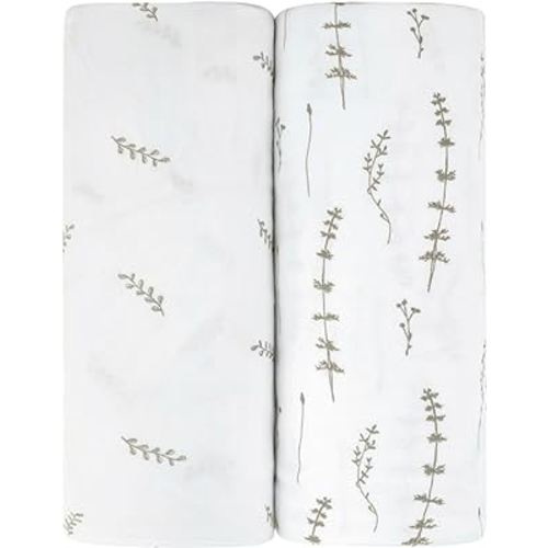 Pack and Play Sheet 2 Pack - Pack and Play Sheets Fitted with 100% Jersey Cotton - Pack N Play Mattress Sheets for Boys and Girls, Newborn Essentials (Neutral Forest Grey Floral and Leaves)