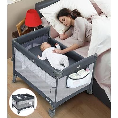 Dripex Pack and Play, 5 in 1 Baby Bassinet Bedside Sleeper, Baby Bedside Crib with Mattress, Changing Table, Removable Rocker, Foldable Playard for Newborn to Toddlers, Portable Playpen Baby Bed