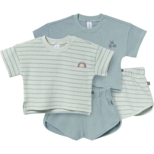 4-Piece Infant & Toddler Girls Light Sky Stripe Drop Shoulder Crop Tops and Shorts Set
