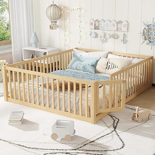 Bellemave Queen Floor Bed with Door and High Guardrail, Queen Size Montessori Floor Bed with Fence, Easy Assemble Montessori Beds for Girls, Boys, Natural