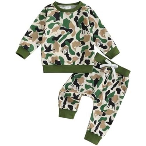 Baby Boy Fall Outfits Duck Reindeer Dog Print Top and Pants Set Camo Toddler Baby Hunting Clothes