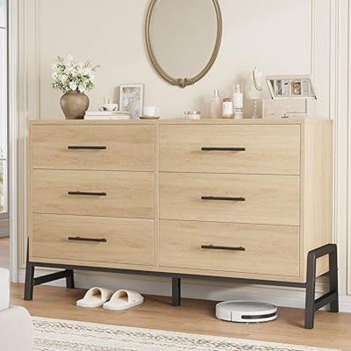 GarveeHome 6 Dresser for Bedroom, 52" Wide Drawer with Large Storage Space, Freestanding Wooden Closet Storage Dresser Chest for Living Room, Bedroom, Entryway, Natural Oak