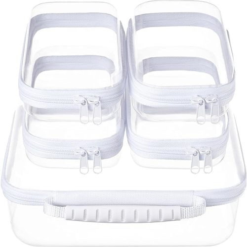 WELPIRT 4 pcs Clear Zipper Pouches,Hard Shell Zipper Case, Toiletry Bag for Travel, CLear Diaper Bag, Toiletry Pouch, Travel Organizer, Cosmetic Bag,Toy Storage Bins (M+3S)