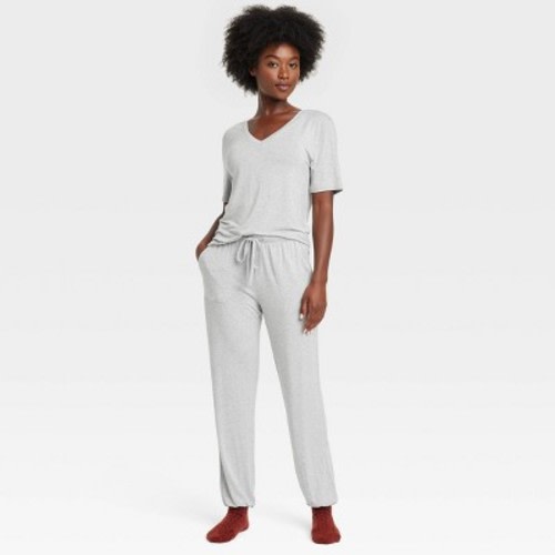 Women's Cloud Knit Short Sleeve Top and Jogger Pants Pajama Set - Auden™, Color: Heathered Gray, Size: XL