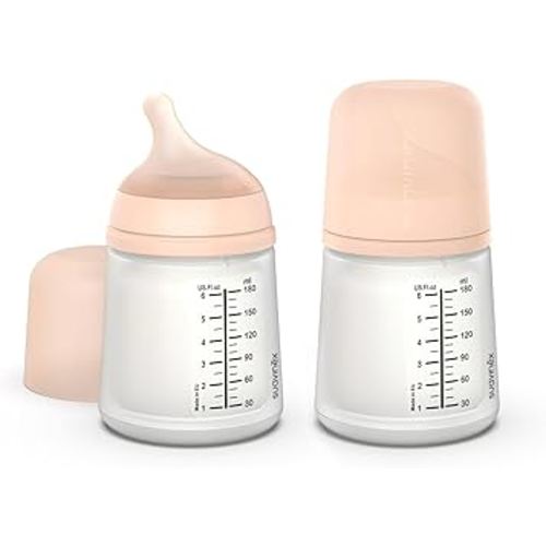 Suavinex Zero Zero Anti Colic Baby Bottle, No 1 Spanish Baby Bottle Brand, Minimizes Bottle Rejection & Nipple Confusion, Perfect for Combo Feeding, 2pk, 6oz/180mL, Fair Tone, Adaptable Flow Nipple