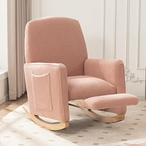 FOXHUNTER Rocking Chair, Nursery Chair with Adjustable Footrest and High Backrest, Glider Chair for Nursery with Side Pockets, Upholstered Rocking Chair Indoor for Living Room, Teddy Pink