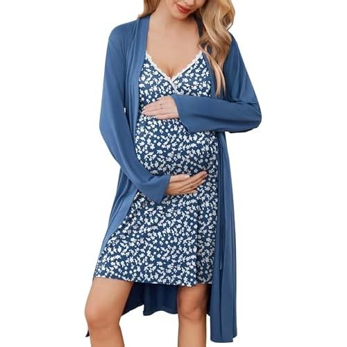 Ekouaer Maternity Nursing Gown and Robe Set 3 In 1 Labor Delivery Nuring Nightgowns for Hospital Breastfeeding Clothes