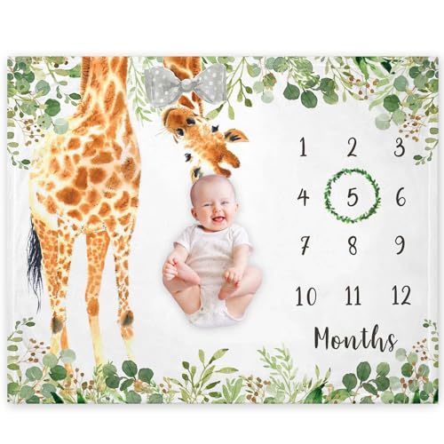 Yuzioey Giraffe Milestone Blanket, Safari Baby Growth Chart Monthly Blanket, Watch Me Grow Jungle Baby Nursery for New Moms Baby Shower(50"x40")