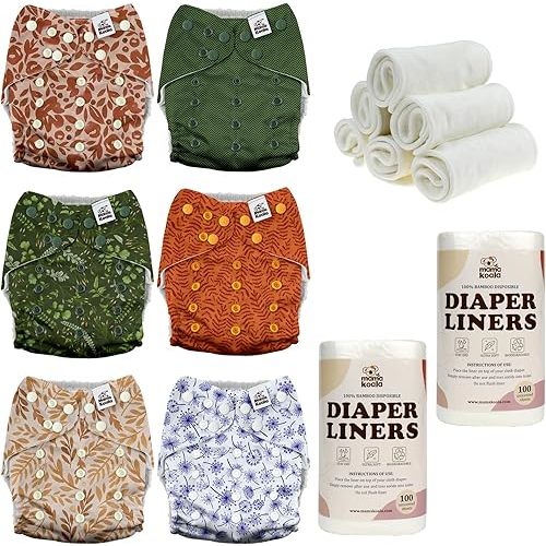 Mama Koala 3.0 Baby Cloth Diapers with 6 Inserts Bundle, with 2 Rolls Disposable Natural Liners