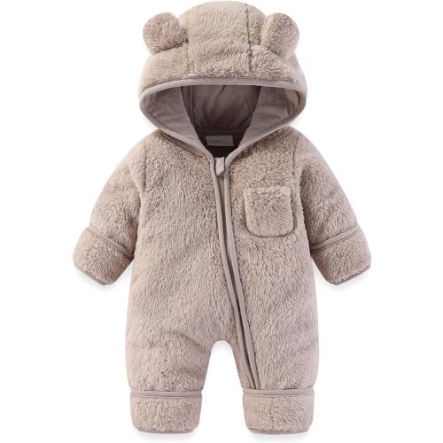 Newborn Baby Bear Outfit With Fold-Over Mittens and Footies Girls Boys Winter Fleece Clothes Hooded Romper Snowsuit