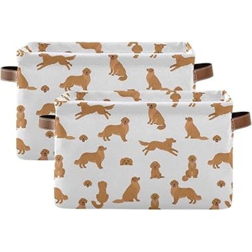Pfrewn Storage Basket Bins Foldable Laundry Hamper Toy Golden Retriever Dogs Puppy Storage Bins Box Organizer for Home Boys Girls Office Closet Shelf Nursery Baskets,2 pcs