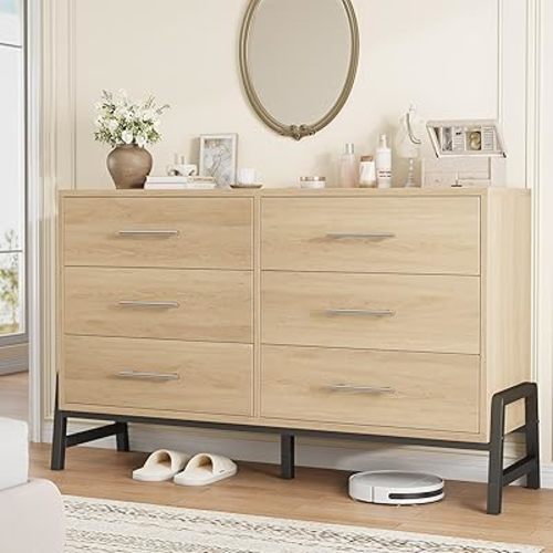 6 Dresser for Bedroom, 52" Wide Dresser, Wide Drawer with Storage Freestanding, Wooden Closet Storage Chest for Living Room, Bedroom, Entryway, Natural Oak