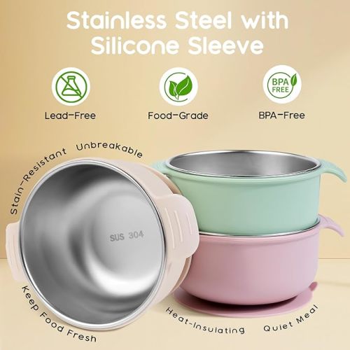 Bella’s Friends Stainless Steel and Silicone Baby Bowls with Suction 3 Pack, 4.3” for Toddlers Kids Feeding, Non-Slip, Non-Toxic, Mess-Free, Dishwasher Safe, Fit High Chair Size,beige green light pink