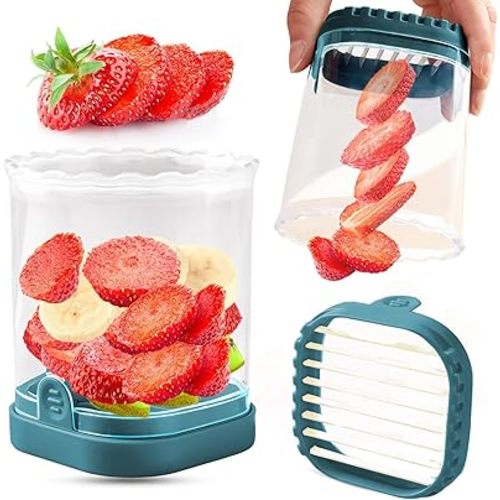 Fruit Slicer Cup | Strawberry Slicer | Banana Slicer | Grape Cutter | Egg Slicers | Detachable Fruit Cutter Slicer with Push Plate | Creative Strawberry Slicer Kitchen Gadget (Dark Teal)