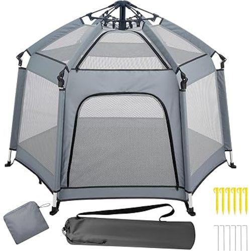 Indoor & Outdoor Baby Playpen with Canopy | Baby Beach Tent, Foldable, Lightweight, Travel Bag, & Mosquito Net | Pop Up Pack and Play Tent [Grey]