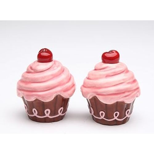 62606 Fine Ceramic Life Is Sweet Pink Cupcake with Cherry on Top Salt & Pepper Shakers Set, 2-1/2" H