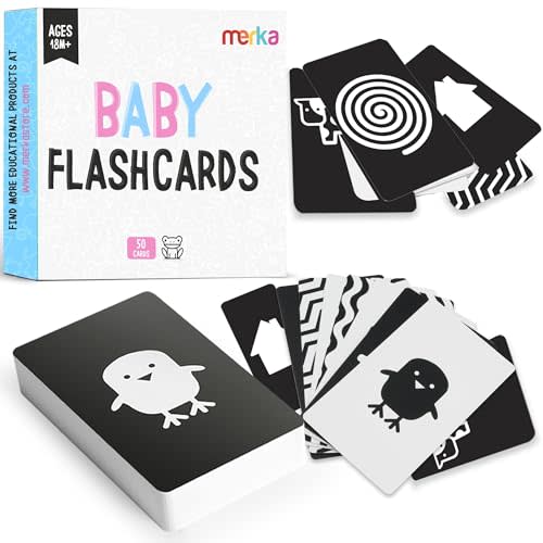 merka Newborn Toys, Black and White Baby Toys, High Contrast Baby Toy for Newborn, Set of 50 Flashcards for Visual Stimulation and Brain/Sensory Development