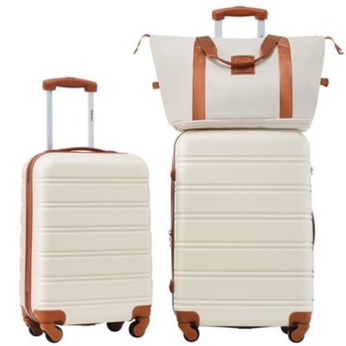 3 Pcs Luggage Set, 20" + 24" Abs Hardshell Expandable Spinner Suitcase With Travel Bag And Tsa Lock, White - Modernluxe