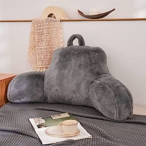 A Nice Night Faux Fur Reading Pillow Bed Wedge Large Adult Children Backrest with Arms Back Support for Sitting Up in Bed / Couch for Bedrest,Gray (Standard)