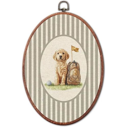 Jinhaichen Vintage Dog Golf Nursery Oval Wall Art Framed, Neutral Striped Classic Wall Decor, Unique Gift for Pet Lovers Hanging Canvas Prints for Kids Toddler Room Bedroom Playroom, 8.6x11.4 Inch