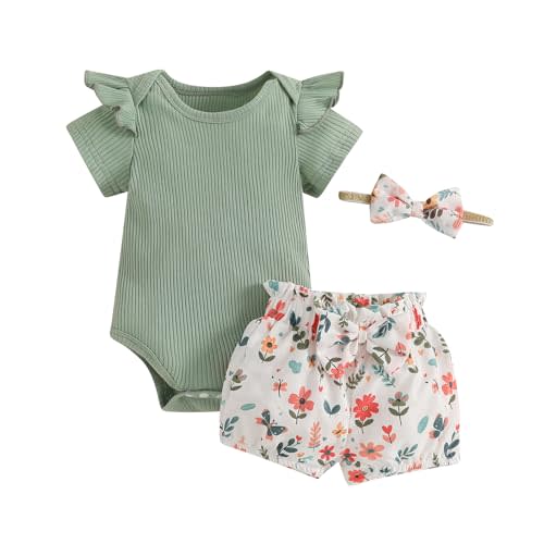 CIYCUIT Baby Girl Outfits – Summer Ruffle Ribbed Bodysuit Floral Print Shorts & Bow Headband – 3-Piece Infant Clothes Set