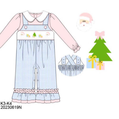 RTS: Pink & Blue Smocked Santa- Girls 2pc Woven Romper
