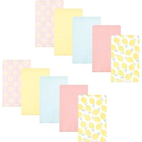 Hudson Baby Unisex Baby Cotton Flannel Burp Cloths, Lemon Daisy 10 Pack, One Size