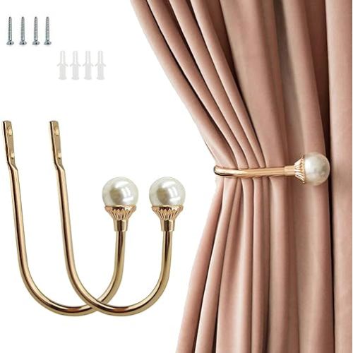 Coolnice 2 Pack Curtain Holdbacks Wall Mounted Curtain Tiebacks Hooks Plastic Pearl U Shape Curtain Tiebacks with Screws Curtain Ties for Home Office-Gold